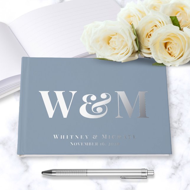 Chic Monogram Photo Dusty Blue Wedding Guest Book (Creator Uploaded)