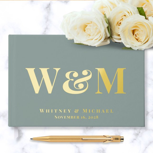 Chic Monogram Photo Sage Green Wedding Guest Book (Creator Uploaded)