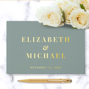 Chic Monogram Photo Sage Green Wedding Guest Book