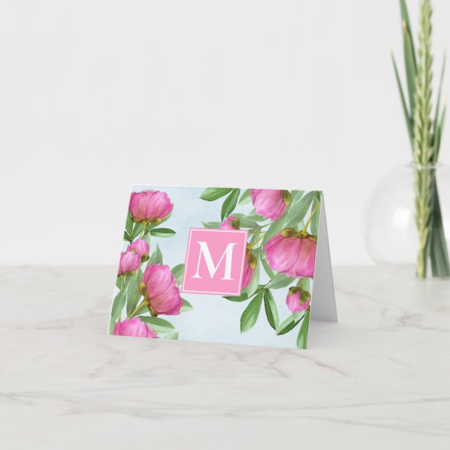 Chic Monogram Pink Chic Peonies Elegant Floral Note Card (Front)