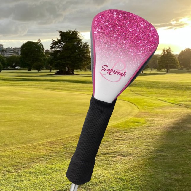 Chic Monogram Pink Glitter Ombre First Name Golf Head Cover (Creator Uploaded)
