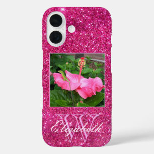 Chic Monogram Pink Glitter Sparkles Custom Photo iPhone 16 Case