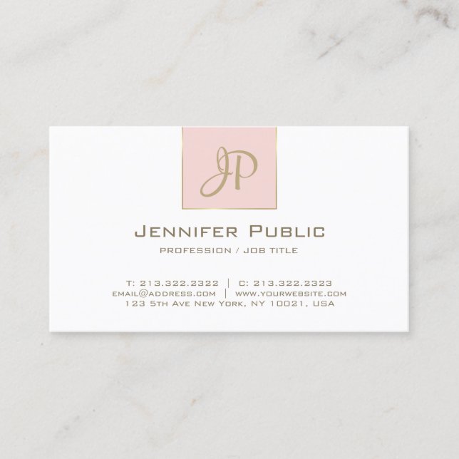 Chic Monogram Pink Gold White Clean Plain Trendy Business Card (Front)