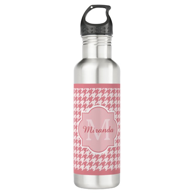 Chic Monogram Pink Houndstooth With Name 710 Ml Water Bottle (Front)