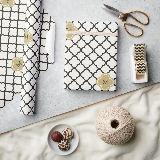 Chic Monogram Quatrefoil Pattern Art Deco Wedding Wrapping Paper (Crafts)