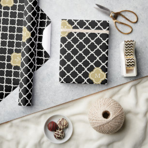 Chic Monogram Quatrefoil Pattern Art Deco Wedding Wrapping Paper