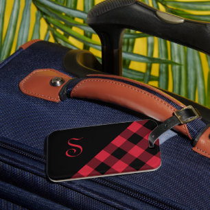 Chic Monogram Red Black Buffalo Check Geometric Luggage Tag