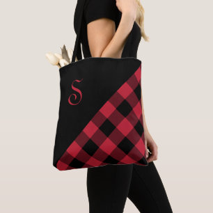 Chic Monogram Red Black Buffalo Check Geometric Tote Bag