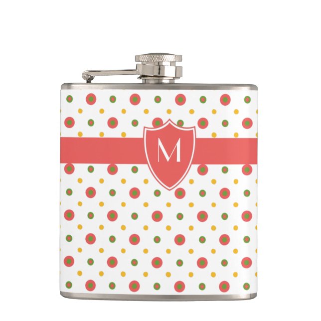 Chic Monogram Red White Polkas Hip Flask (Front)