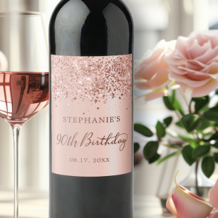 Chic Monogram Rose Gold Foil Glitter 90th Birthday Wine Label