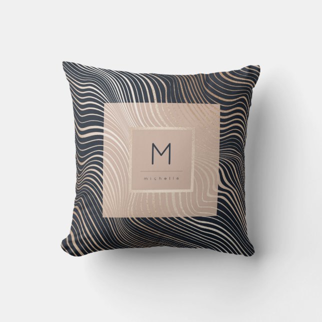 Chic Monogram Rose Gold Navy Blush Pink Modern Cushion (Front)