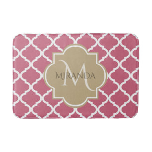 Chic Monogram Rose Pink Tan Quatrefoil and Name Bath Mat