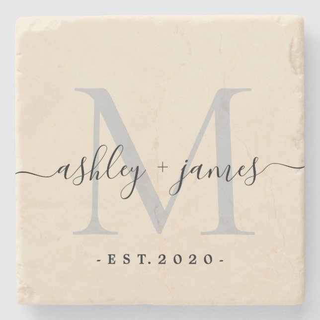 Chic Monogram Script Names Wedding Date Ivory Stone Coaster (Front)