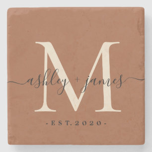 Chic Monogram Script TerraCotta Names Wedding Date Stone Coaster