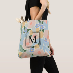 Chic Monogram Shades of Pink Blue Flower Pattern Tote Bag