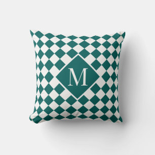 Chic Monogram Teal White Chequered Pattern Cushion