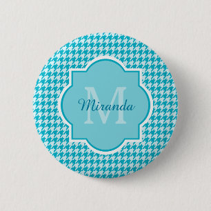 Chic Monogram Turquoise Houndstooth With Name 6 Cm Round Badge