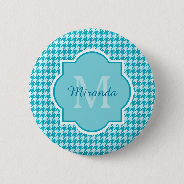 Chic Monogram Turquoise Houndstooth With Name 6 Cm Round Badge (Front)