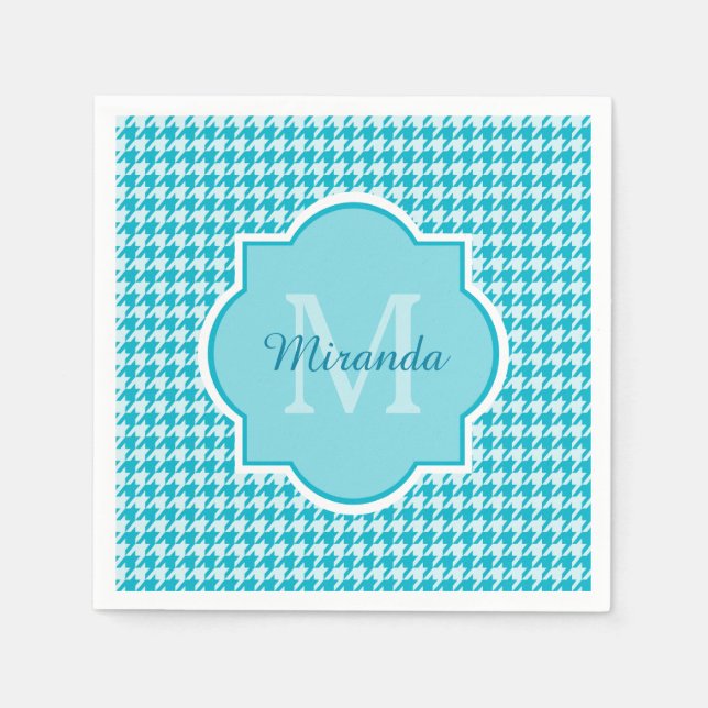 Chic Monogram Turquoise Houndstooth With Name Napkin (Front)