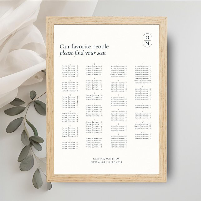 Chic Monogram Wedding Alphabet Seating  Poster (Creator Uploaded)