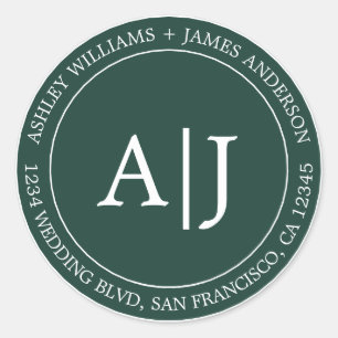 Chic Monogram Wedding Return Address Dark Green Classic Round Sticker