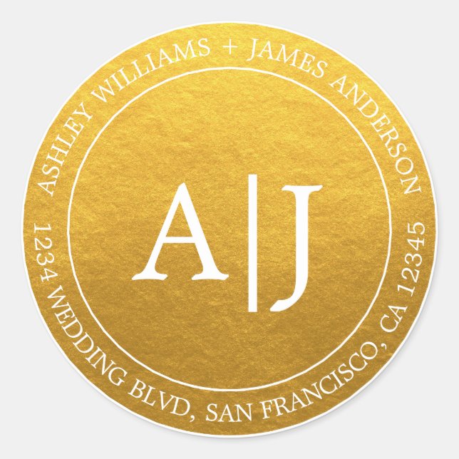 Chic Monogram Wedding Return Address Gold Classic  Round Sticker (Front)