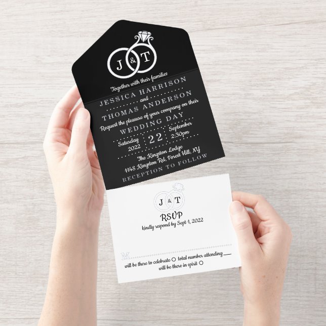 Chic Monogram Wedding Rings Real Foil Pressed All In One Invitation (Tearaway)