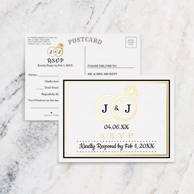 Chic Monogram Wedding Rings RSVP Real Foil Invitation Postcard (Creator Uploaded)