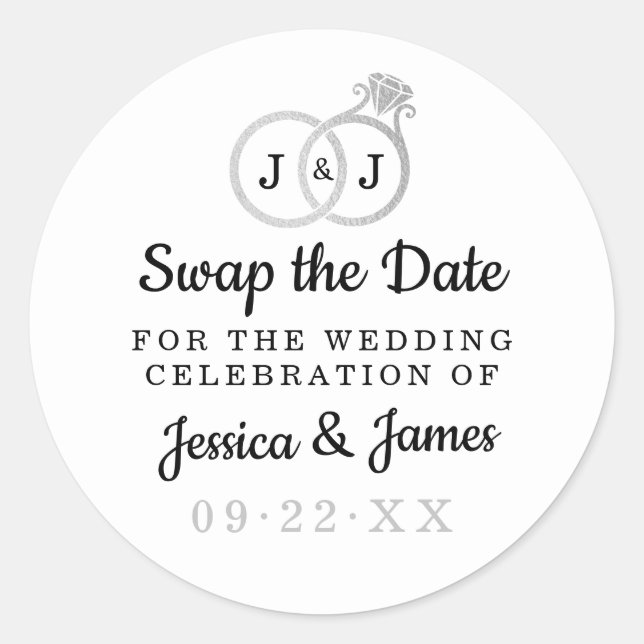 Chic Monogram Wedding Rings Save Or Swap The Date Classic Round Sticker (Front)