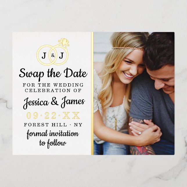 Chic Monogram Wedding Rings Save Or Swap The Date Foil Invitation Postcard (Front)