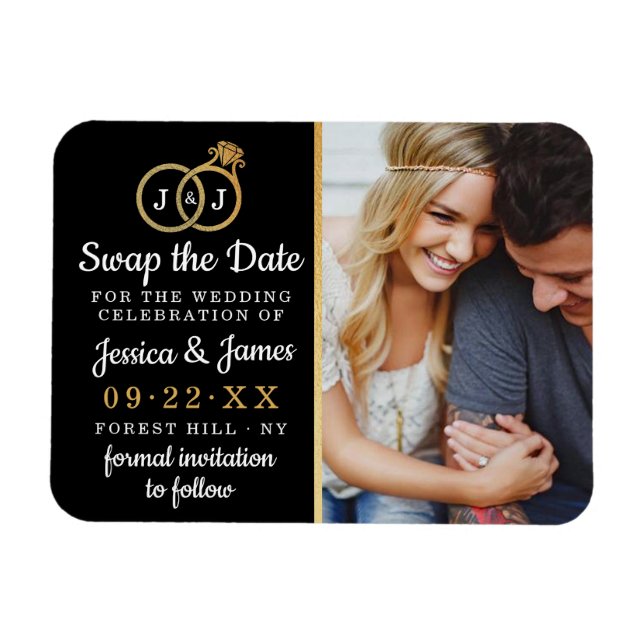 Chic Monogram Wedding Rings Save Or Swap The Date Magnet (Horizontal)