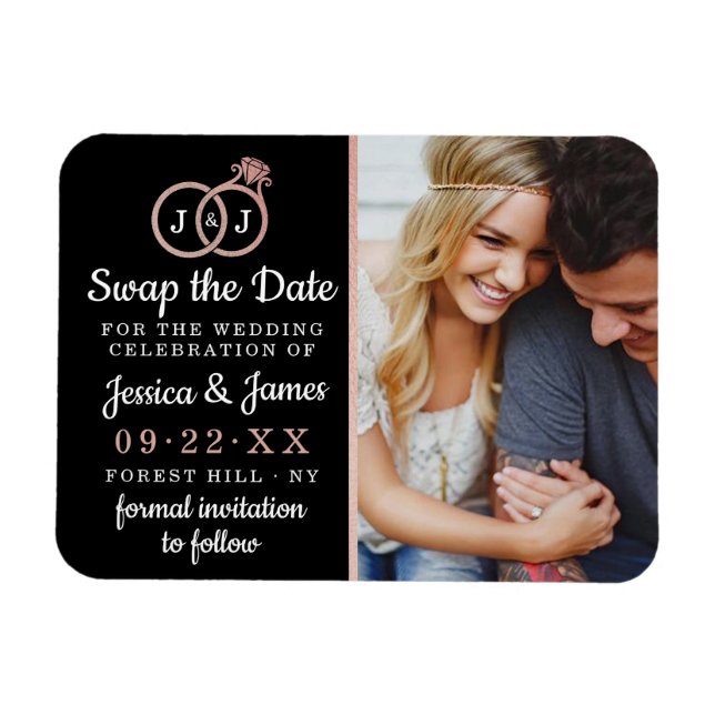 Chic Monogram Wedding Rings Save Or Swap The Date Magnet (Horizontal)
