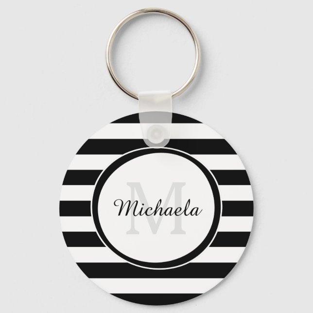 Chic Monogram With Large Black and White Stripes Key Ring (Front)
