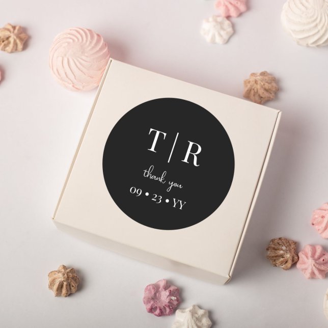 Chic Monogrammed Black and White Wedding Thank You Classic Round Sticker (Creator Uploaded)