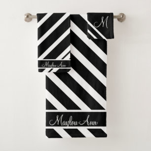 Chic Monogrammed Black white stripe Bath Towel Set