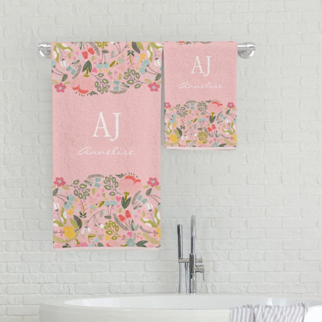 Chic monogrammed girly pink floral custom name bath towel set (Creator Uploaded)
