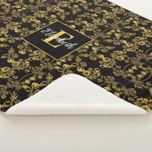 Chic Monogrammed Golden Floral print on black Sherpa Blanket