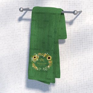 Chic monogrammed initial modern farmhouse green bath towel set