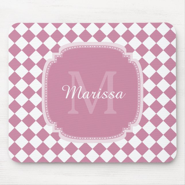 Chic Monogrammed Name Rose Pink Checked Mouse Pad (Front)