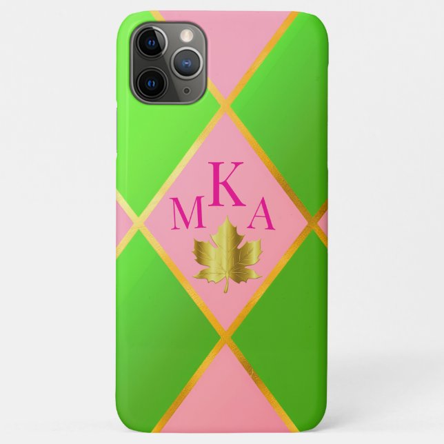 Chic Monogrammed Pink and Green Argyle  Case-Mate iPhone Case (Back)