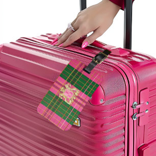 Chic Monogrammed Pink and Green Plaid Luggage Tag