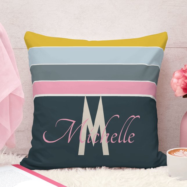 Chic monogrammed Pink and Navy blue teal Stripes Cushion (Creator Uploaded)