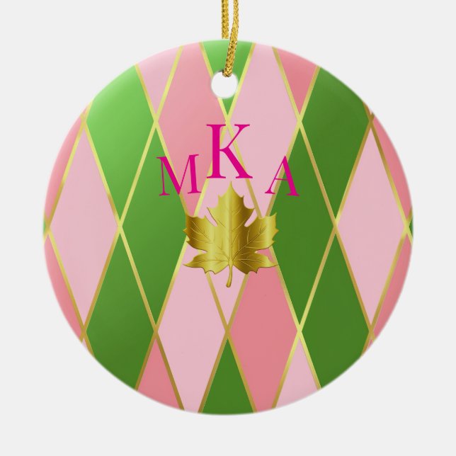 Chic Monogrammed Pink & Green Argyle Ceramic Ornament (Front)