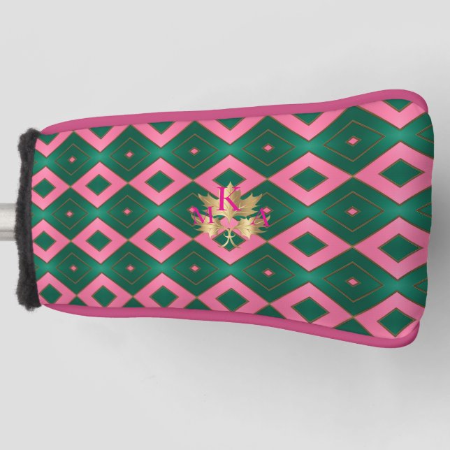 Chic Monogrammed Pink & Green Diamond Motif Putter Golf Head Cover (Front)