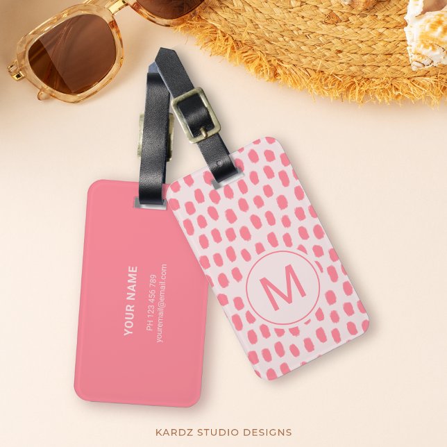 Chic Monogrammed Pink Luggage Tag (Customize this luggage tag template with initial, name and personal information. Travel in style!)