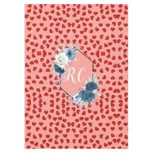 Chic monogrammed red heart blue flower on pink tablecloth