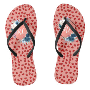Chic monogrammed red heart blue flower on pink thongs