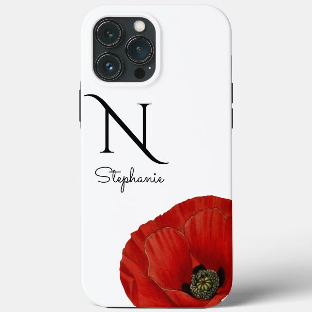 Chic Monogrammed Red Poppy on White Case-Mate  Case-Mate iPhone Case (Back)