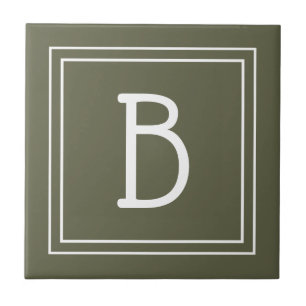 Chic Monogrammed Rustic Green & White Initial Ceramic Tile