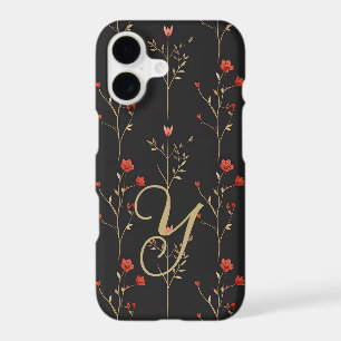 Chic Moody Black Red Floral Monogram Elegant